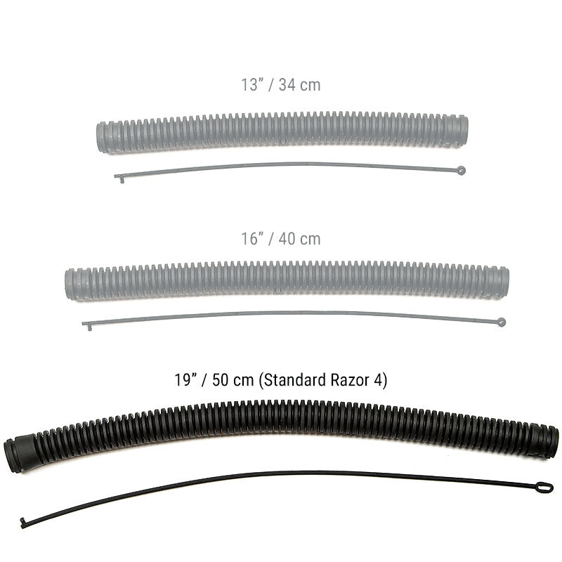 Razor 4 corrugated hose size comparison with 19-inch hose highlighted