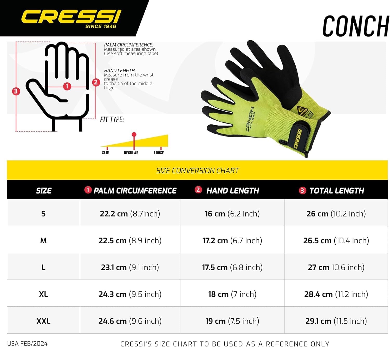 Cressi Conch diving glove with size chart on a white background