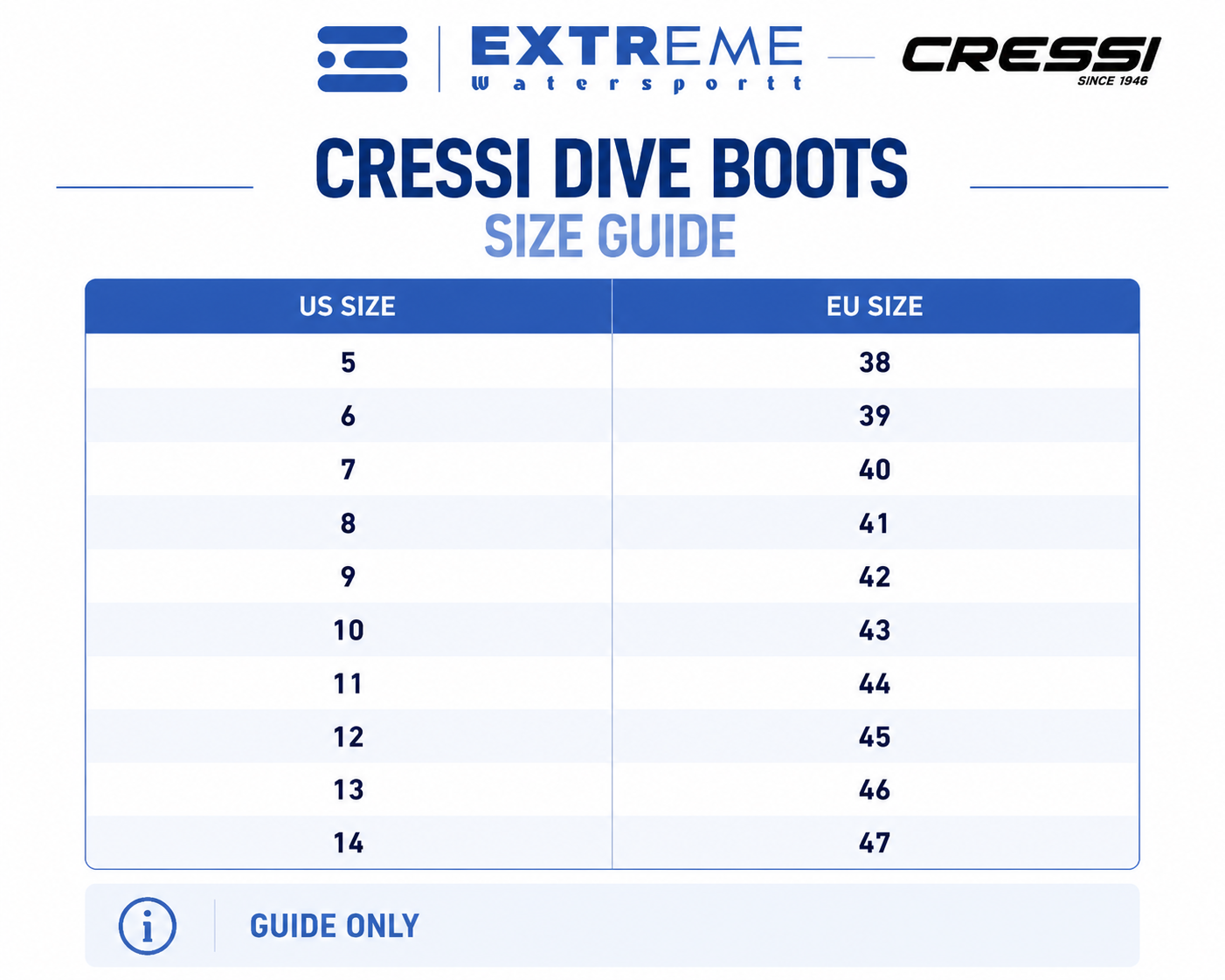 Cressi Dive Boots size chart with US and EU size conversion guide