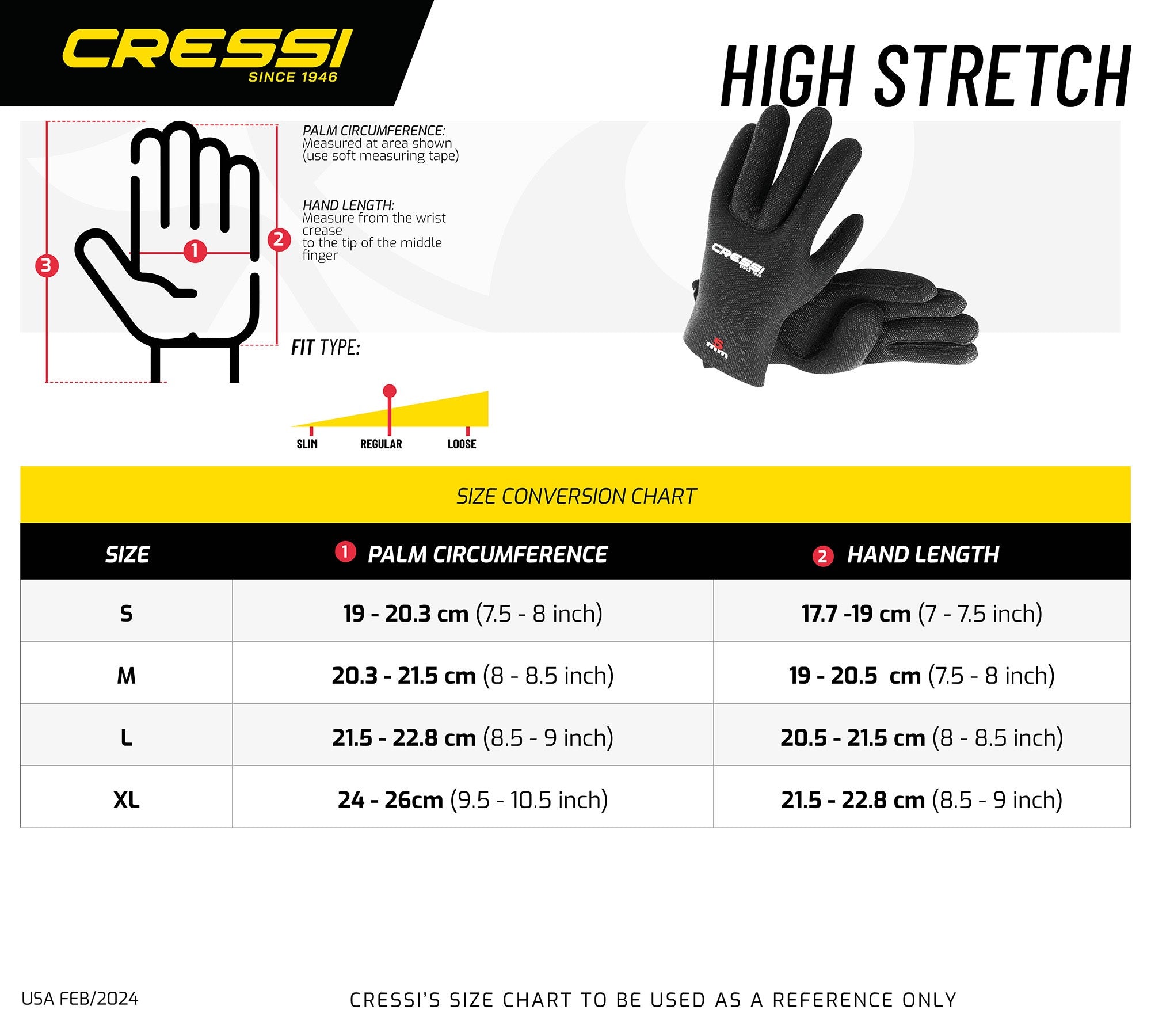Cressi high stretch gloves size chart