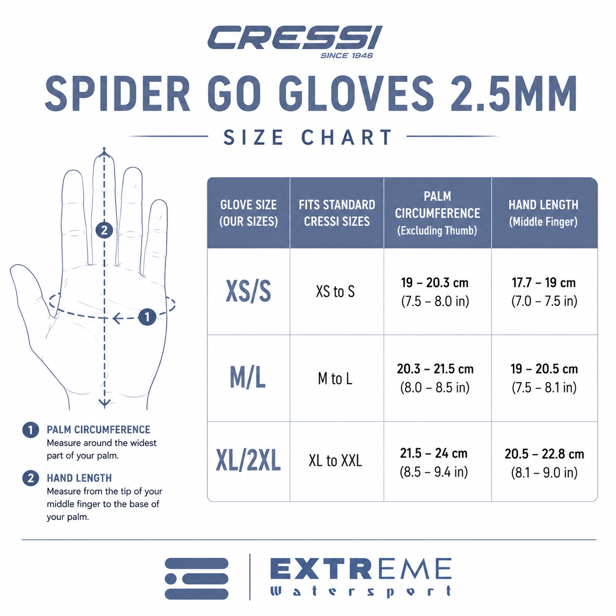 Size chart for Cressi Spider Go Gloves 2.5mm, showing glove size measurements (XS/S, M/L, XL/XXL) with palm circumference and hand length in centimeters and inches, plus a hand diagram indicating measurement points.