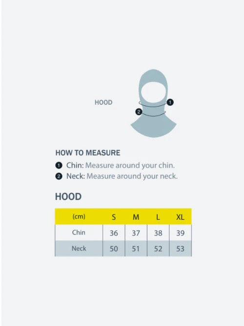Measurement guide for a hood, showing a simple hood outline diagram with measurement points and a size chart table for S, M, L, and XL chin and neck measurements.
