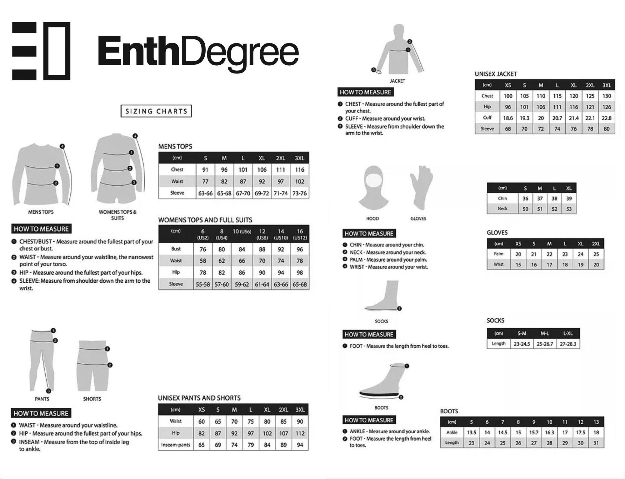 A black and white sizing chart and measurement guide from EnthDegree, featuring body measurement diagrams, sizing tables for men's tops, suits, shorts, pants, socks, and boots, with hand and body measurement guides.
