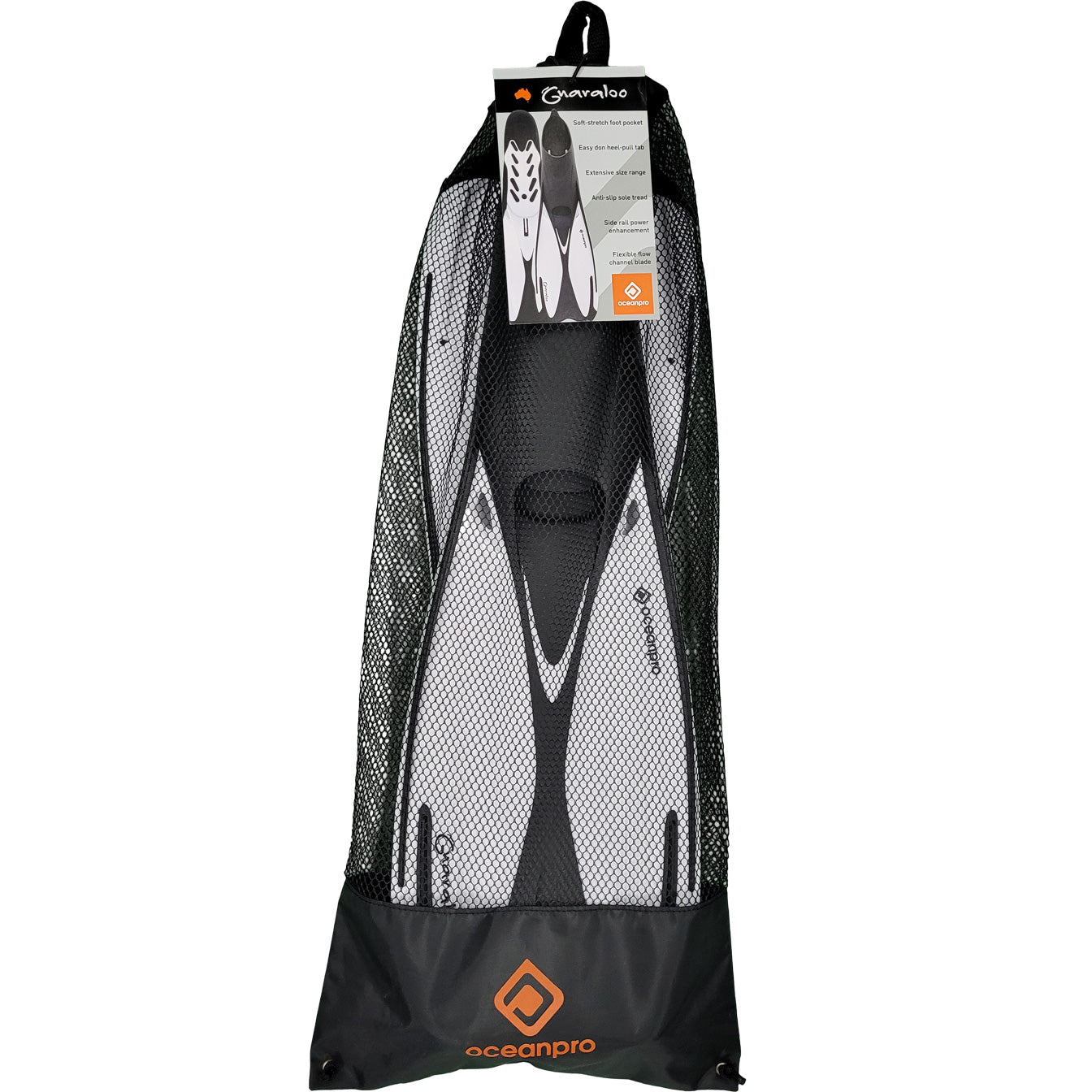 Oceanpro Gnaraloo white fins in their mesh bag
