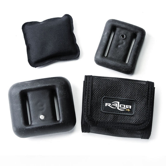 Razor 4 Wing Weight Pocket beside three lead weights