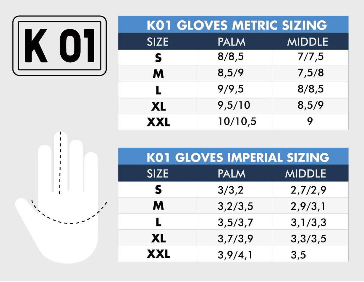 Glove size charts for K01 Dive gloves