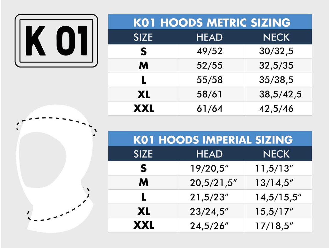 K01 Hood Size Chart