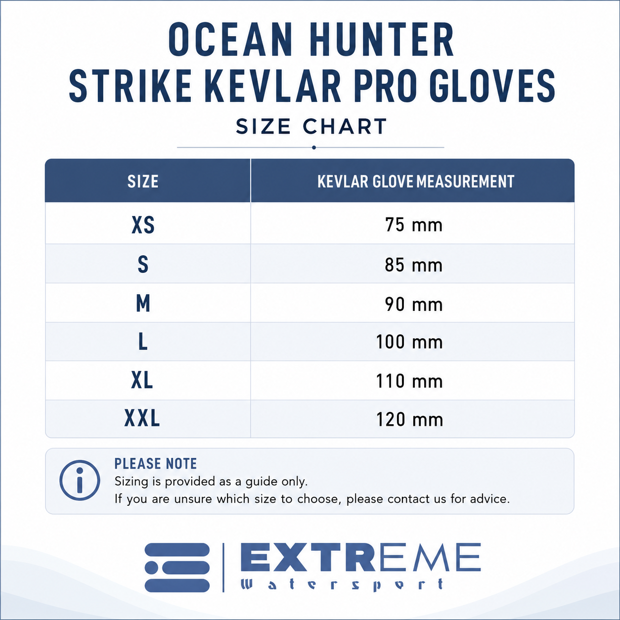 Size chart graphic for Ocean Hunter Strike Kevlar Pro Gloves, showing glove measurements in millimeters for sizes XS through XXL, with the Extreme Watersport logo at the bottom.