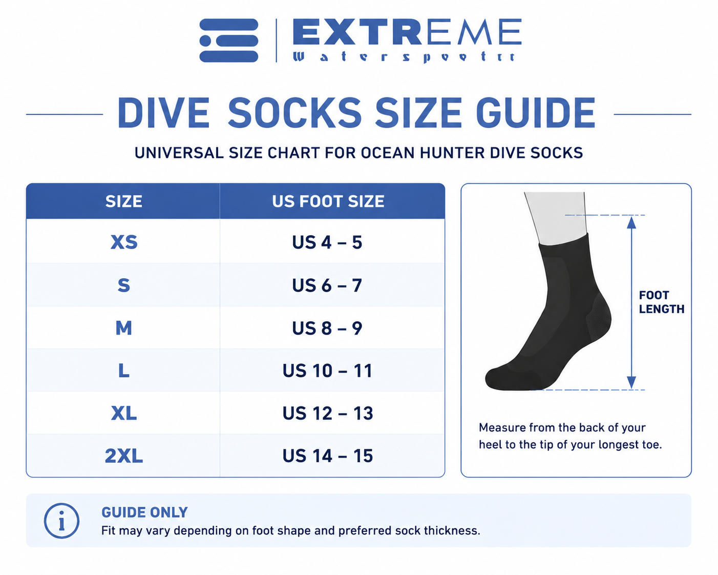 A size guide chart for Extreme Watersports dive socks, showing a table from XS to 2XL with corresponding US foot sizes, a diagram of a foot measuring foot length, and fit notes.