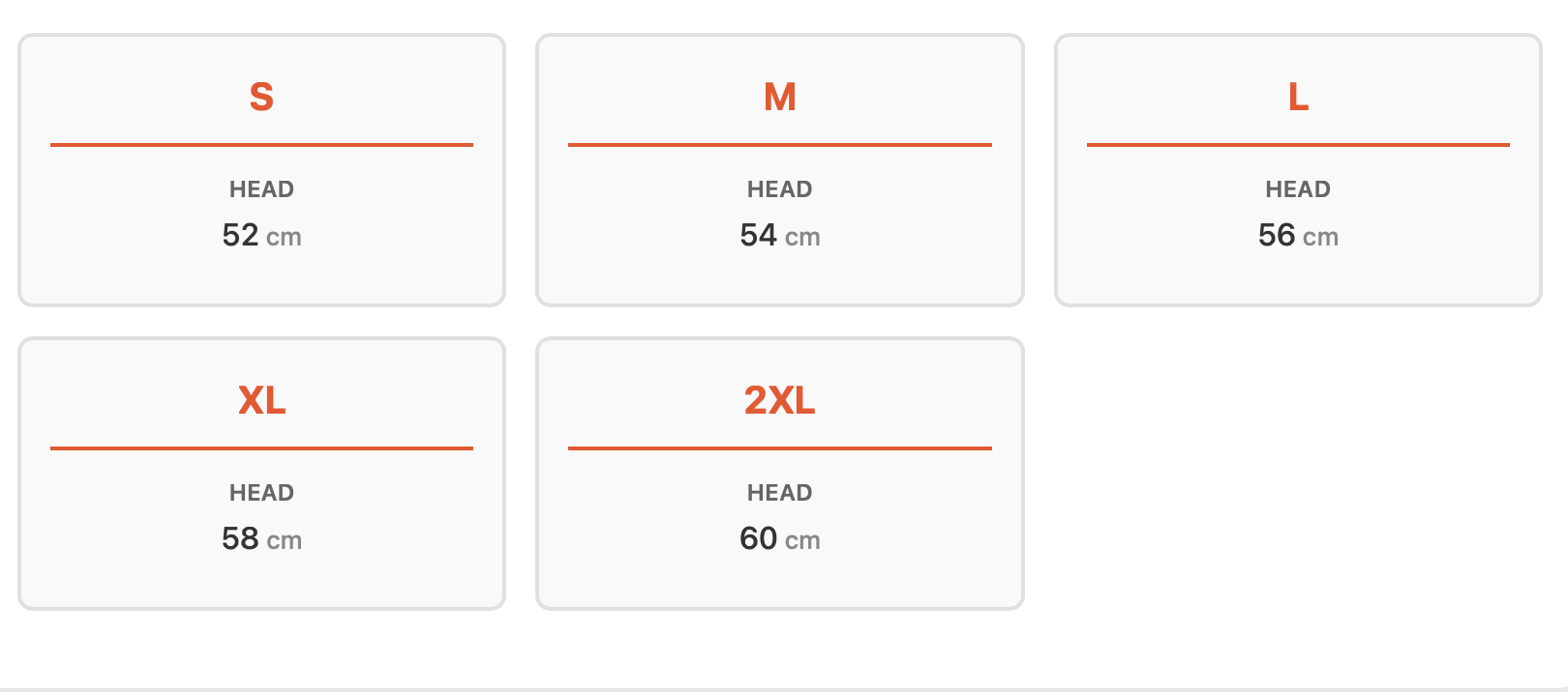 Size chart showing head measurements for clothing sizes S, M, L, XL, and 2XL, with each size labeled in orange and the corresponding head measurement in centimeters below.