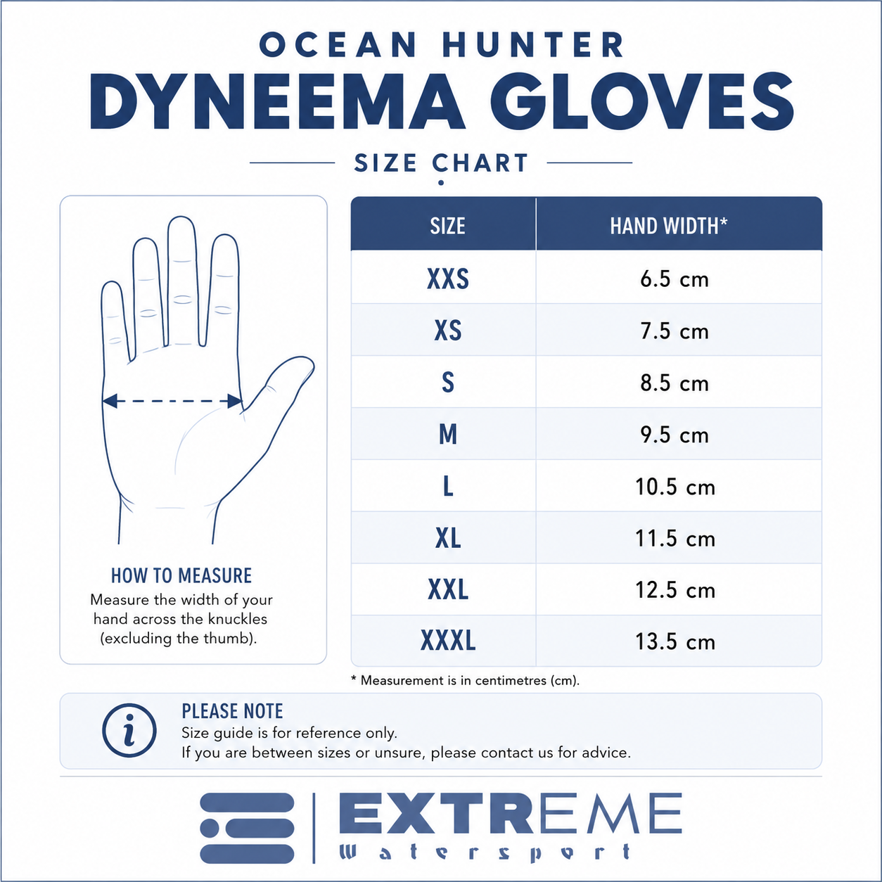 A size chart graphic for Ocean Hunter Dyneema Gloves, showing a hand illustration with a measurement arrow and a table listing sizes XXS through XXXL with corresponding hand widths in centimeters. The brand name Extreme Watersport is visible at the bottom.