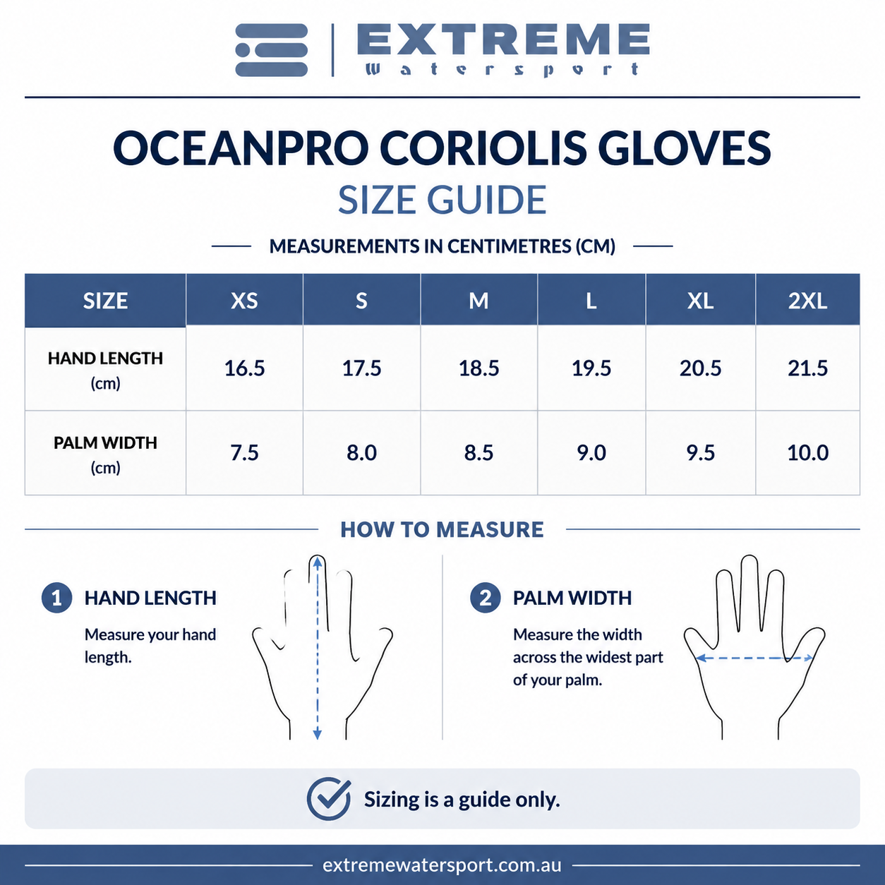 Oceanpro Coriolis Gloves size chart showing hand length and palm width measurements in centimetres