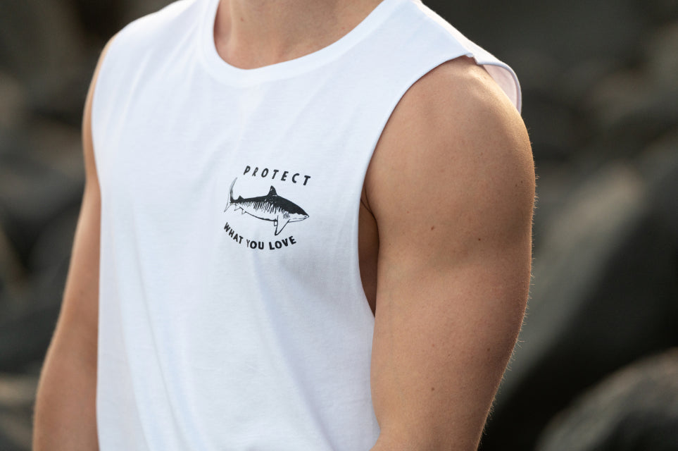 Protect What You Love Tiger Shark Men's Tank — White, worn front detail