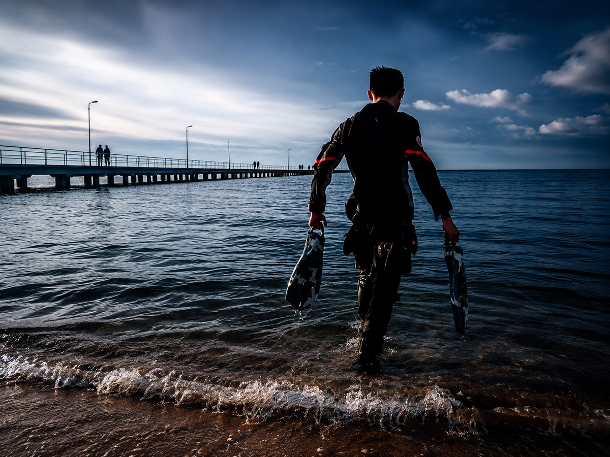 Diver holding fins entering the water beside a pier