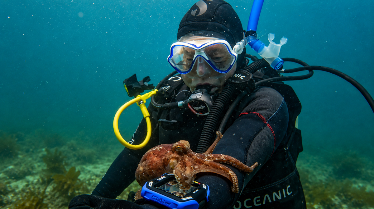 Scuba diver underwater wearing a mask and regulator
