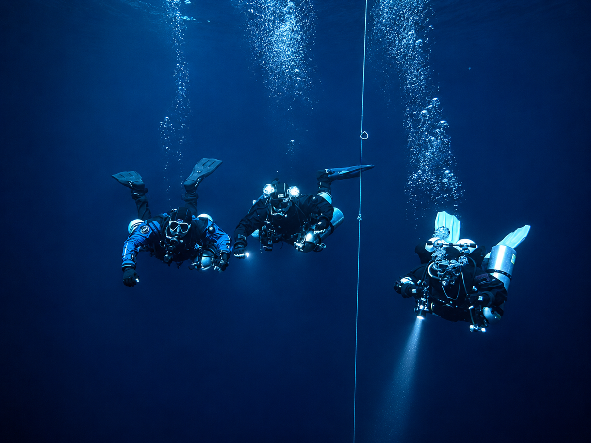 Three technical divers working together around a descent line