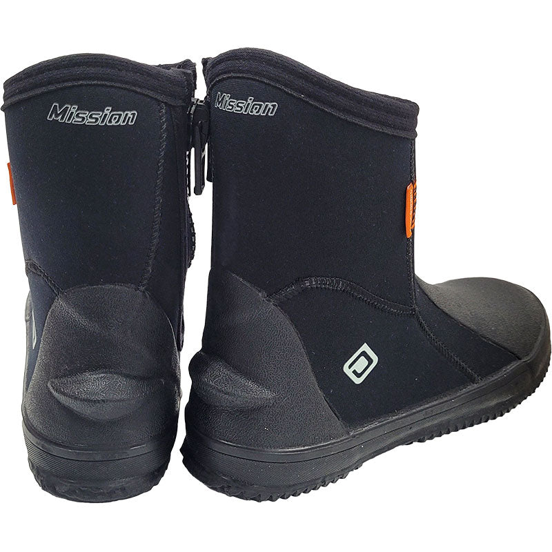 Rear three-quarter view of black Oceanpro Mission dive boots showing the heel panels and Mission markings.