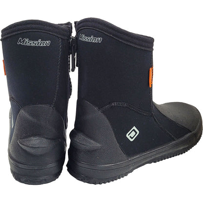 Rear three-quarter view of black Oceanpro Mission dive boots showing the heel panels and Mission markings.