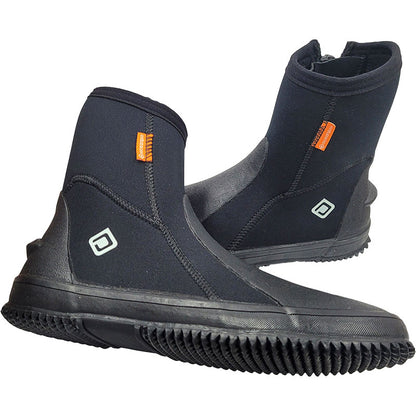 Pair of black Oceanpro Mission dive boots angled to show the deep tread on the hard grip sole.