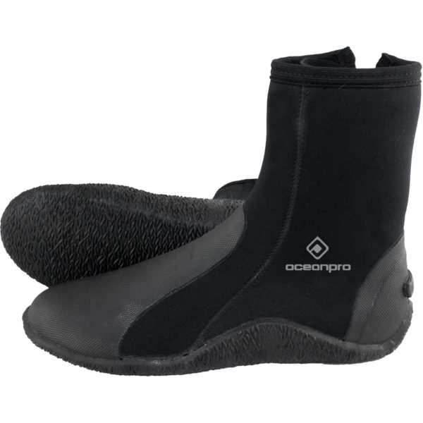Pair of black Oceanpro 5mm dive boots showing the side profile, non-slip tread and over-moulded toe panels.