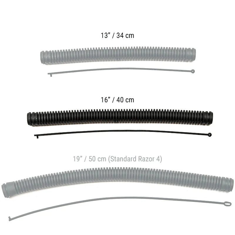Razor 4 corrugated hose size comparison with 16-inch hose highlighted