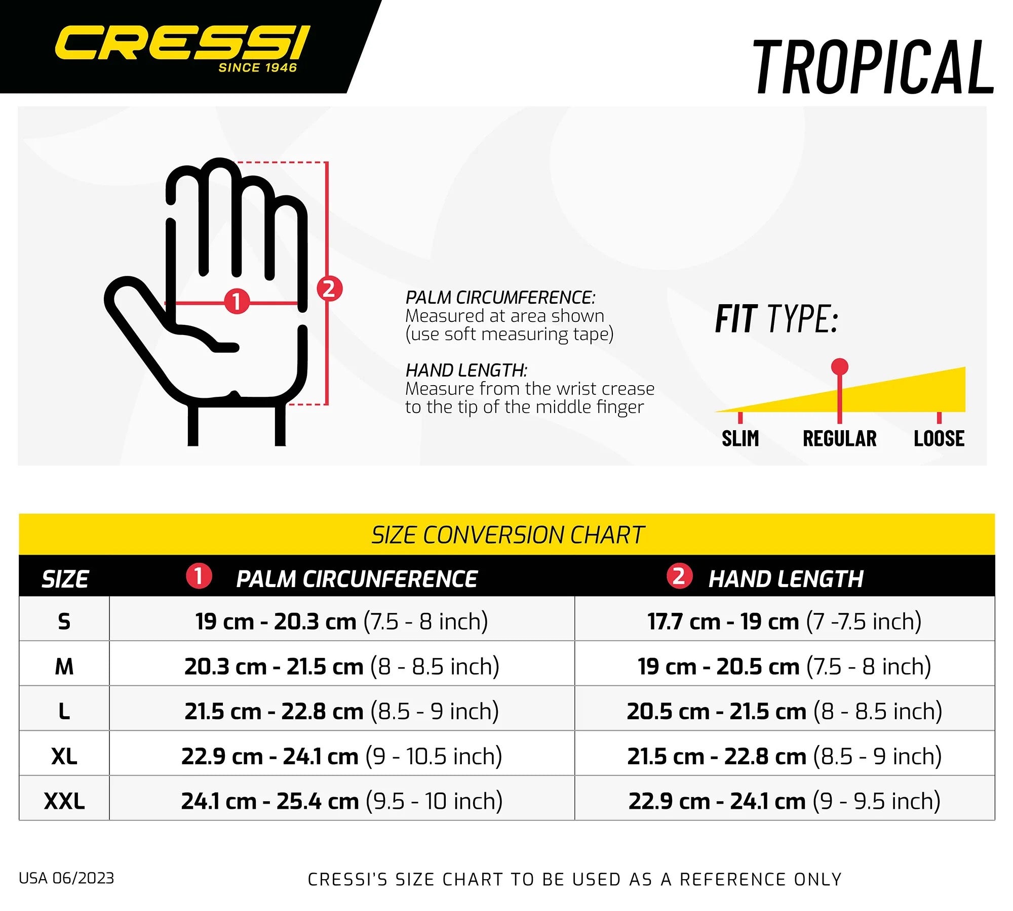 Cressi Tropical size conversion chart and palm circumference guide. The chart includes a hand diagram showing palm circumference measurement, a fit type diagram, and a size table from S to XXL with palm circumference and hand length measurements.