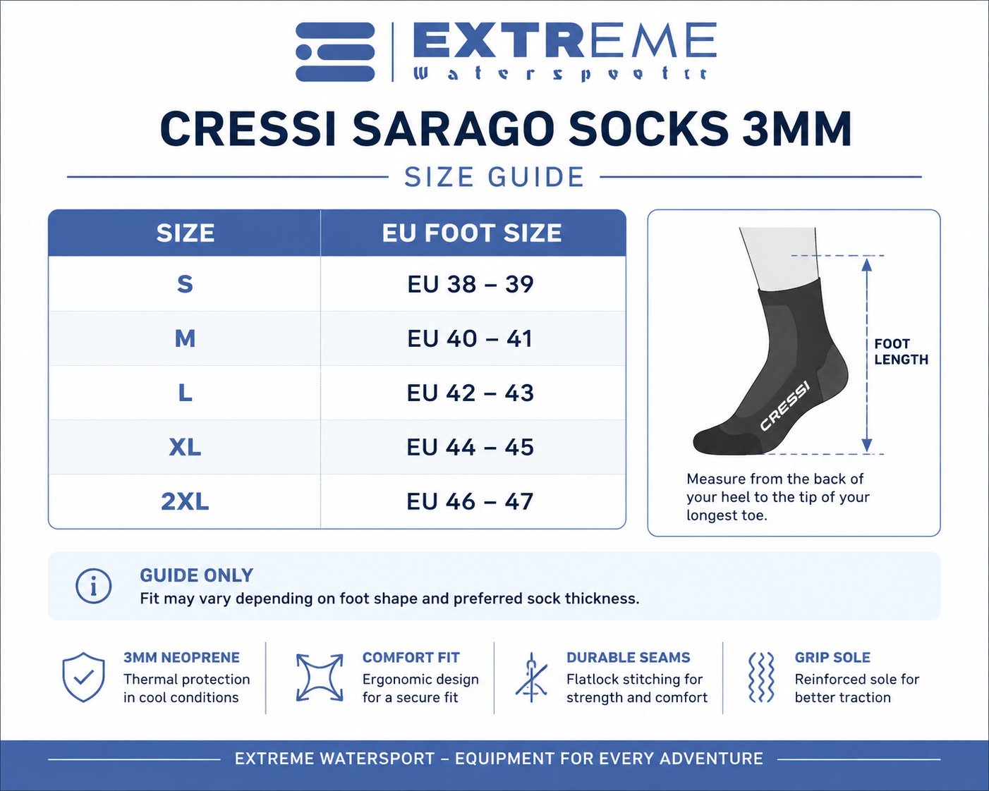 Size guide table for Extreme Watersport Cressi Sarago Socks 3mm, showing EU foot size mappings from S to 2XL, with a small foot measurement diagram and feature icons at the bottom.