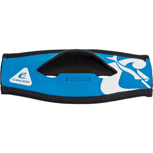 Cressi Ponytail Neo Mask Strap Cover in blue and white with ponytail flap open