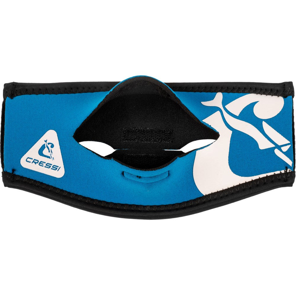Cressi Ponytail Neo Mask Strap Cover in blue and white showing the ponytail opening