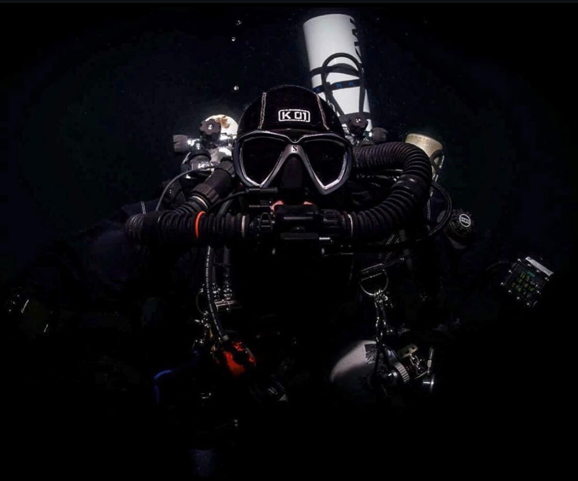 Technical diver wearing K01 dive hood 