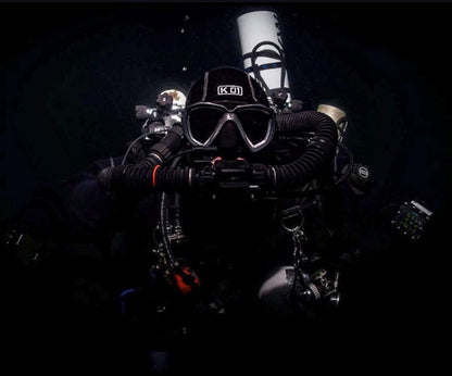 Technical diver wearing K01 dive hood 