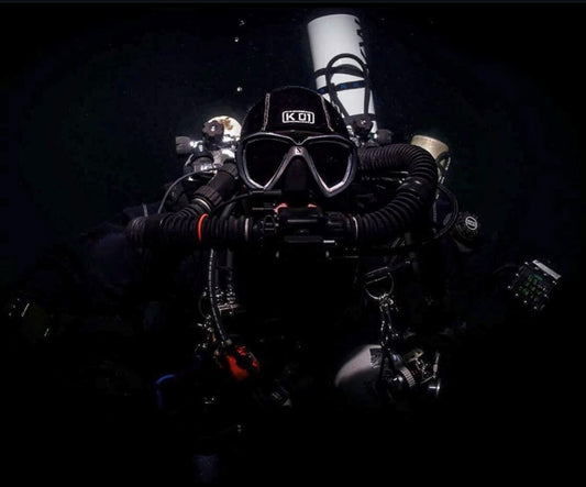 Technical diver wearing K01 dive hood 