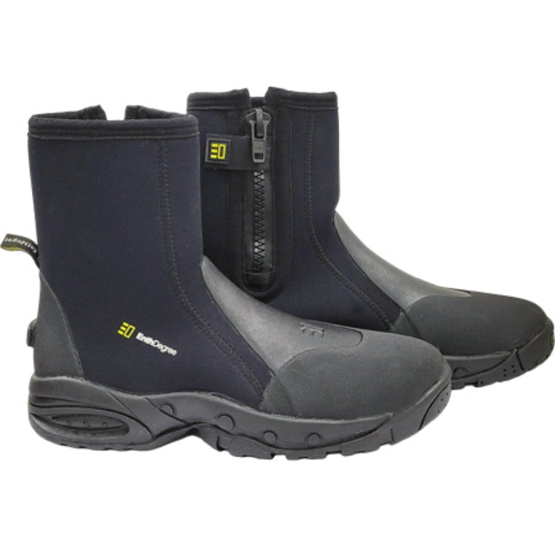 Pair of black Enth Degree Odyssey 5mm dive boots showing the side zipper, reinforced toe panels and moulded soles.