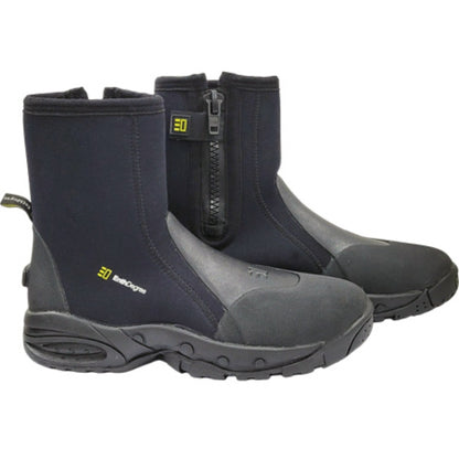 Pair of black Enth Degree Odyssey 5mm dive boots showing the side zipper, reinforced toe panels and moulded soles.