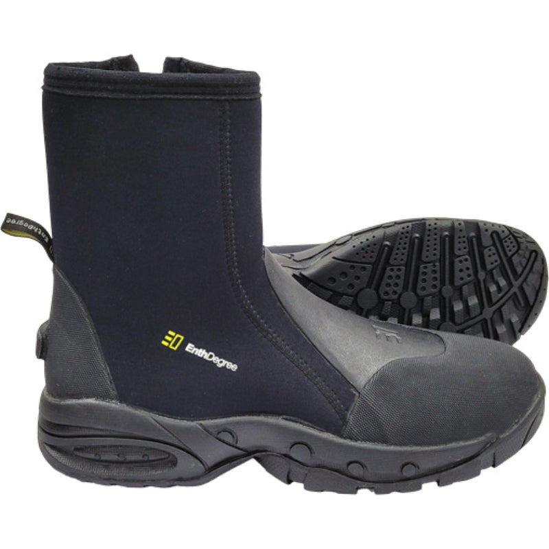 Side view of black Enth Degree Odyssey dive boots, with one boot turned to show the non-slip sole tread.