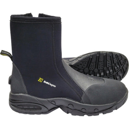 Side view of black Enth Degree Odyssey dive boots, with one boot turned to show the non-slip sole tread.