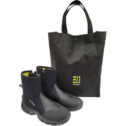 Pair of black Enth Degree Odyssey dive boots displayed beside the reusable Enth Degree carry bag.
