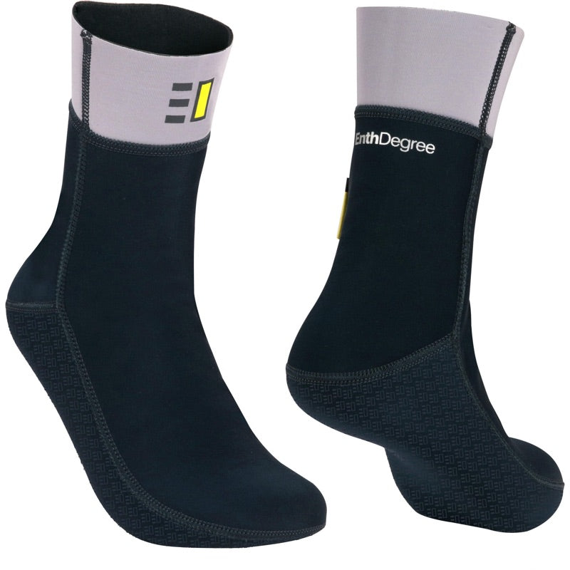 Pair of black Enth Degree F3 Socks showing the grey ankle panels and treaded soles.