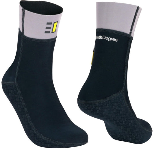 Pair of black Enth Degree F3 Socks showing the grey ankle panels and treaded soles.