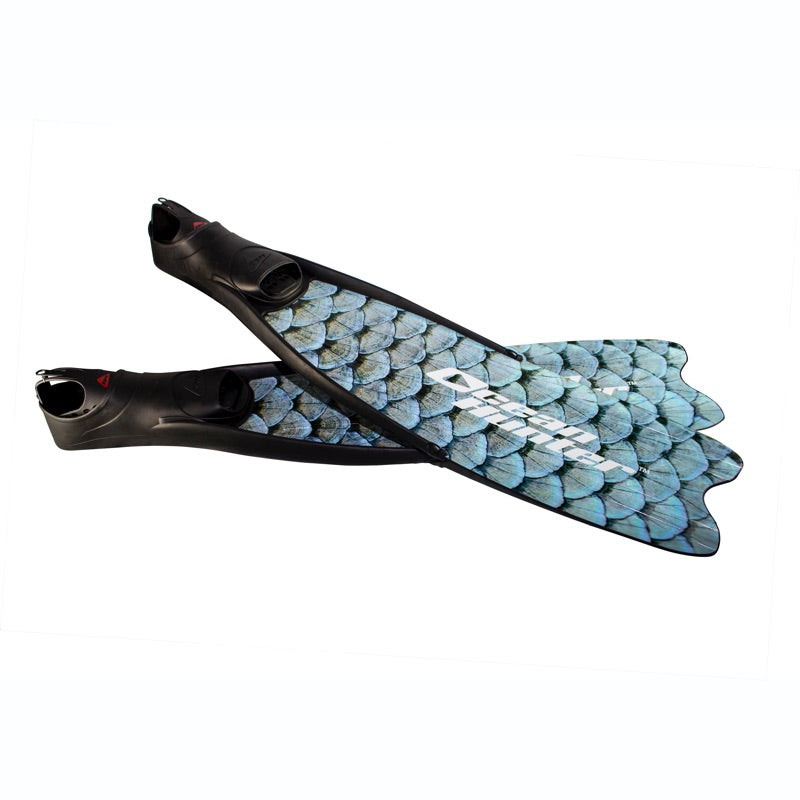 Ocean Hunter Ambush freediving fins with fish-scale camo blades and black foot pockets