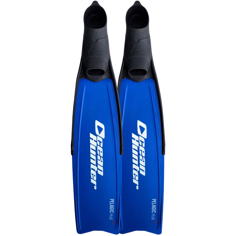 Ocean Hunter Pelagic Plus freediving fins with blue blades and black foot pockets