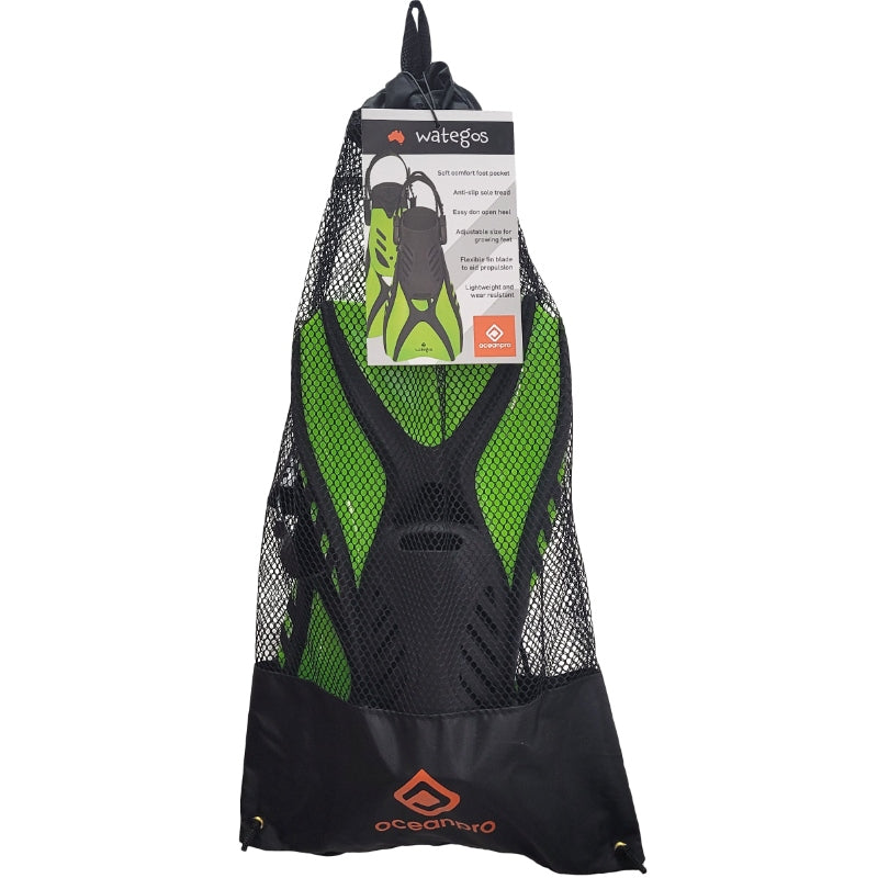 Oceanpro Wategos Junior fins in their mesh bag