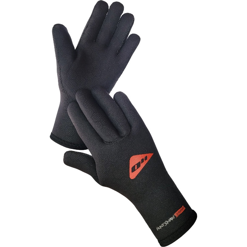 Pair of black Ocean Hunter Huntsman 2.5mm Gloves showing PU-dot surfaces and red branding