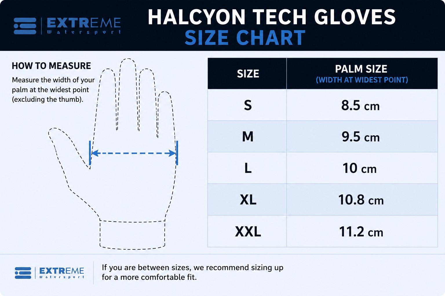 A size chart graphic for Extreme Waterfowl Halcyon Tech Gloves, showing a hand outline with a measurement arrow and a table listing palm sizes from S to XXL in centimeters.