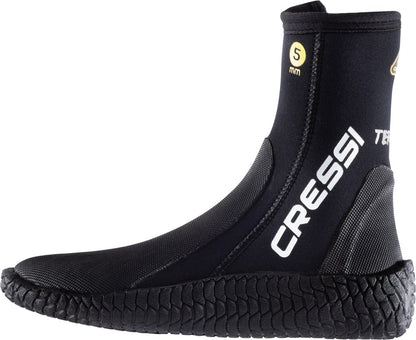 Black Cressi Terrain Boots 5mm side profile showing the Cressi branding, 5mm marking and textured outsole.