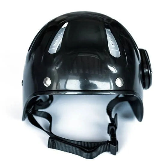 Black dive helmet rear view with Razor Helmet Mount and chin strap