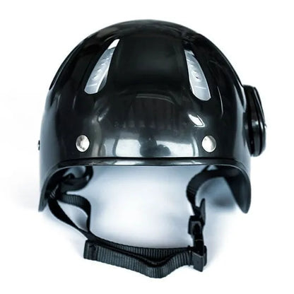 Black dive helmet rear view with Razor Helmet Mount and chin strap