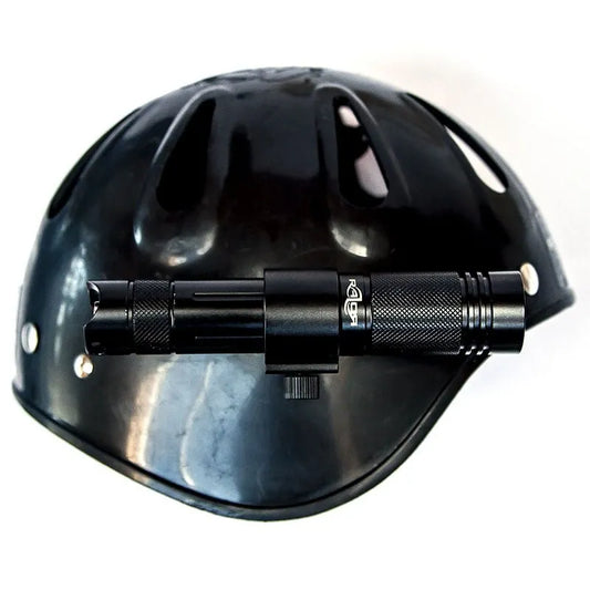 Razor Side Mount Helmet – Black with backup dive light attached