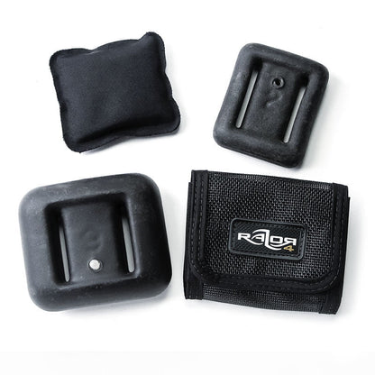 Razor 4 Wing Weight Pocket beside three lead weights