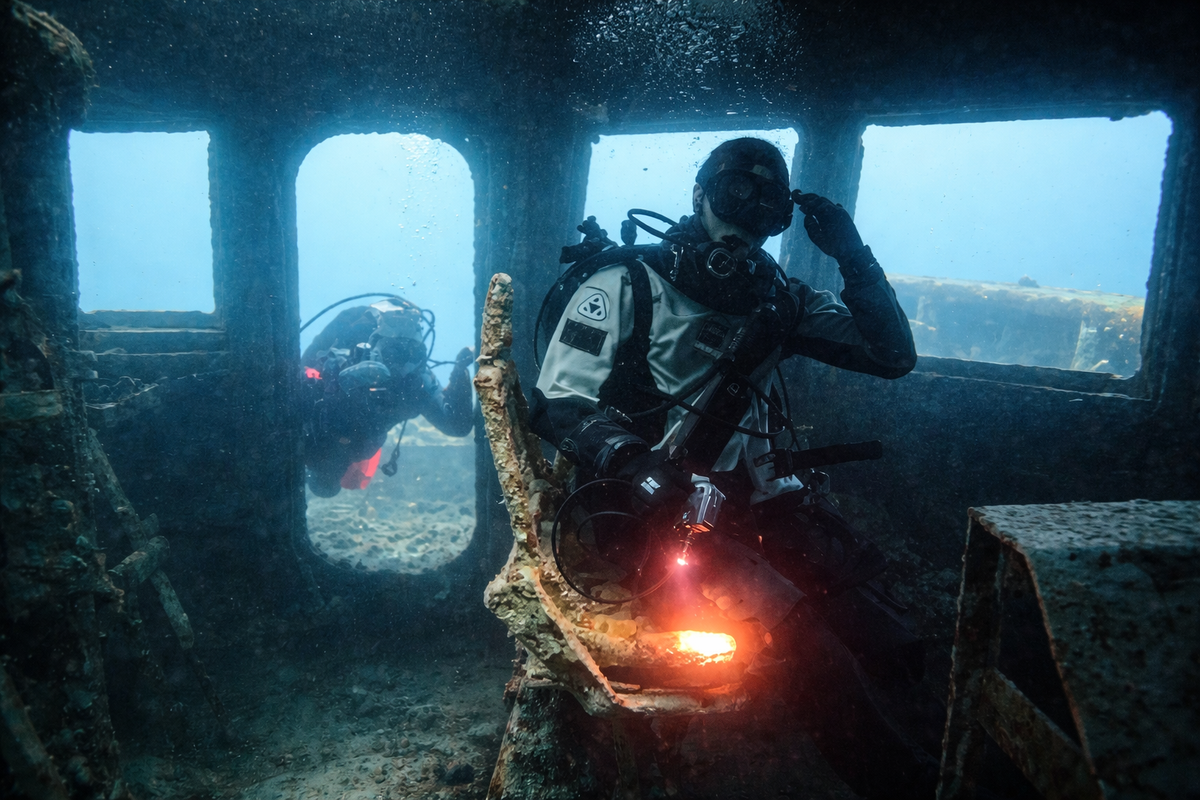 Two recreational divers exploring the interior of a submerged wreck